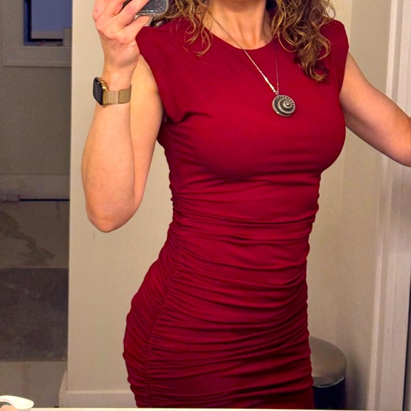 Burgundy Ruched Bodycon Shoulder Pad Dress - Picture 1 of 7